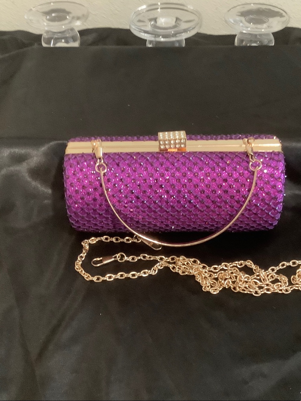 Sparkling Purple Crystal Cylinder Clutch with Gold Handle